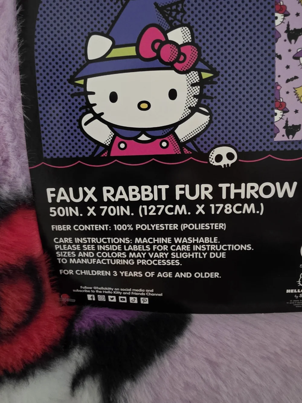 NWT Hello Kitty Purple Halloween Witch Faux Rabbit Fur Throw